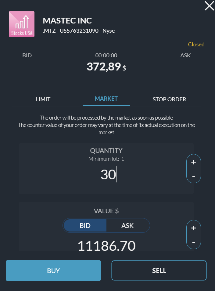 Example broker screen showing a MARKET buy order at the open